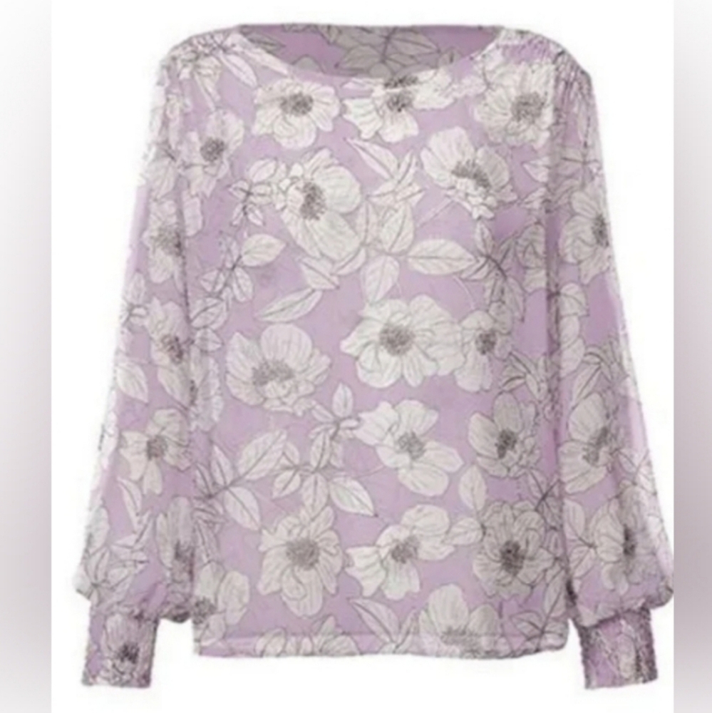 Cabi Poppy Blouse Floral Lavender Sheer Chiffon Smocked Cuffs Style 6298  🆕️